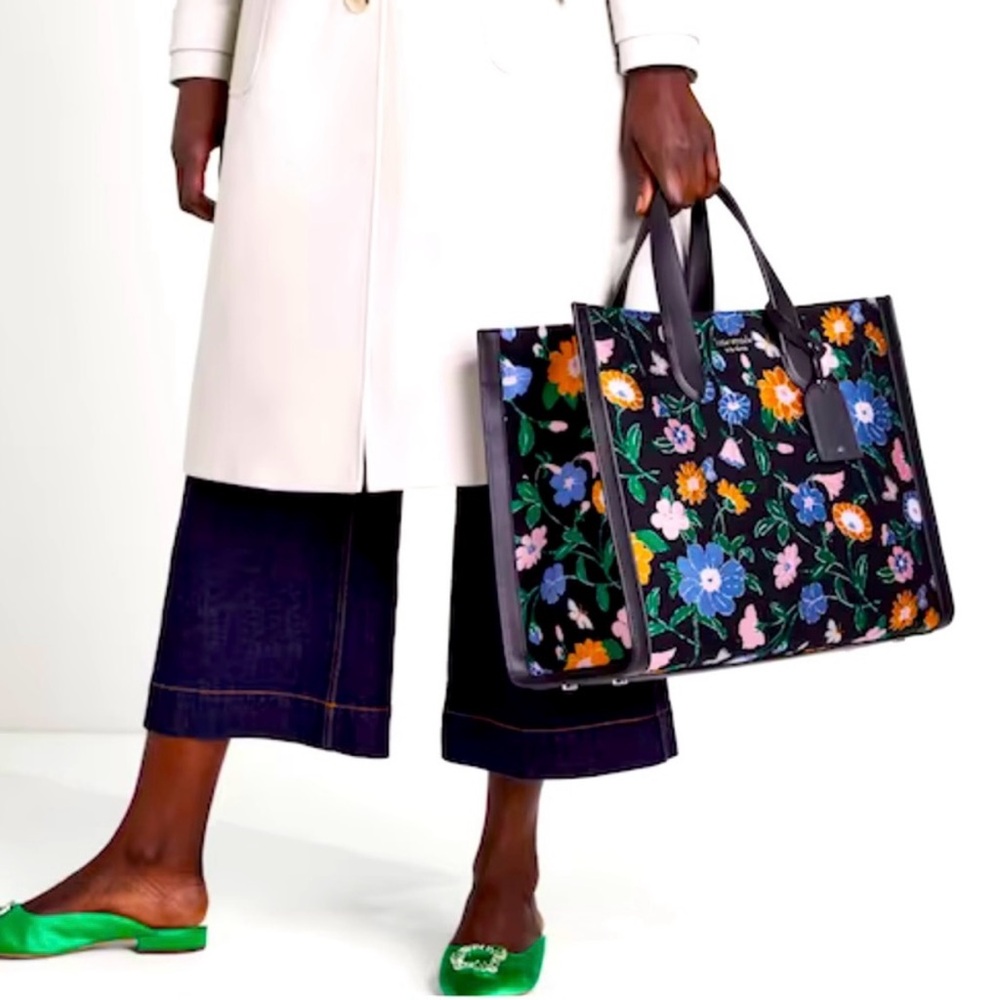 KATE SPADE Large Black Floral Manhattan Tote Bag